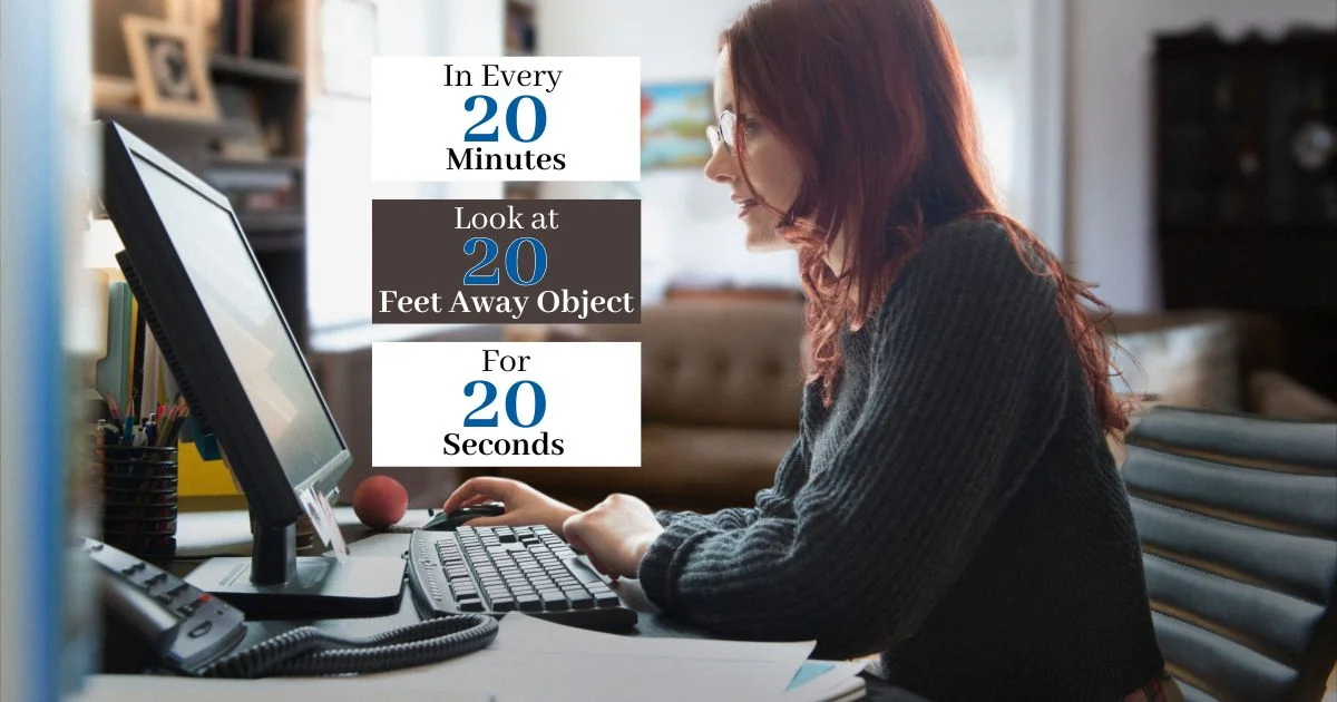 Illustration explaining the 20-20-20 rule for reducing digital eye strain
